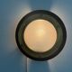 Pair of round glass wall lights, brass base and Wood Wood, 1960s, Italy.