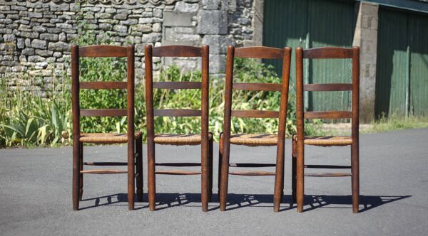 Lot de 4 chaises bois et paille, chaise bois, chaise paillée, campagne, chalet