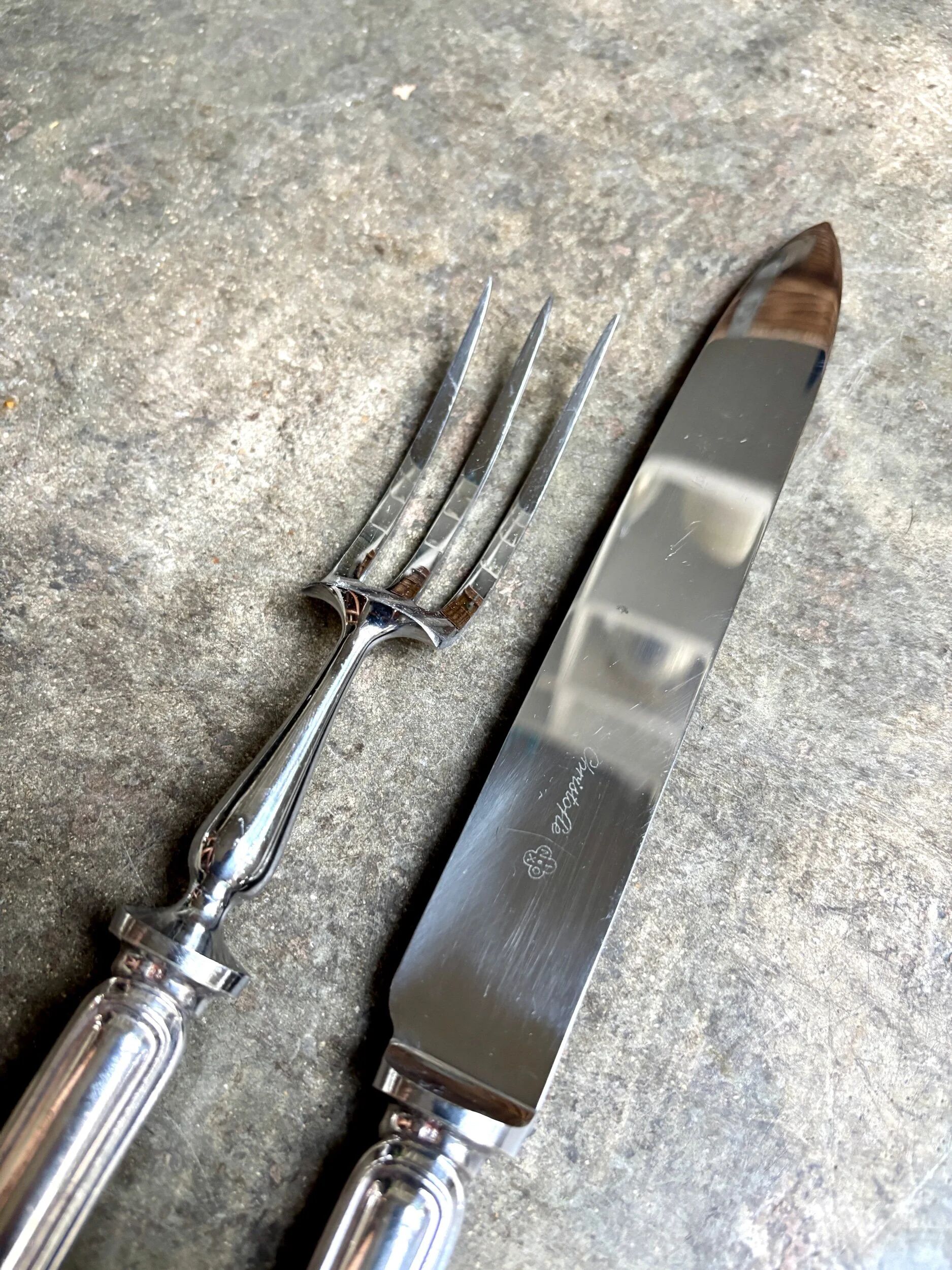 2 service cutlery sets, Christofle silver-plated meat, "Spatours" pattern.