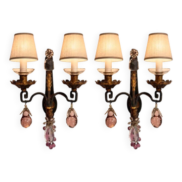 Maison Baguès, pair of wall sconces in wrought iron and gilded sheet metal, crystal pendants.