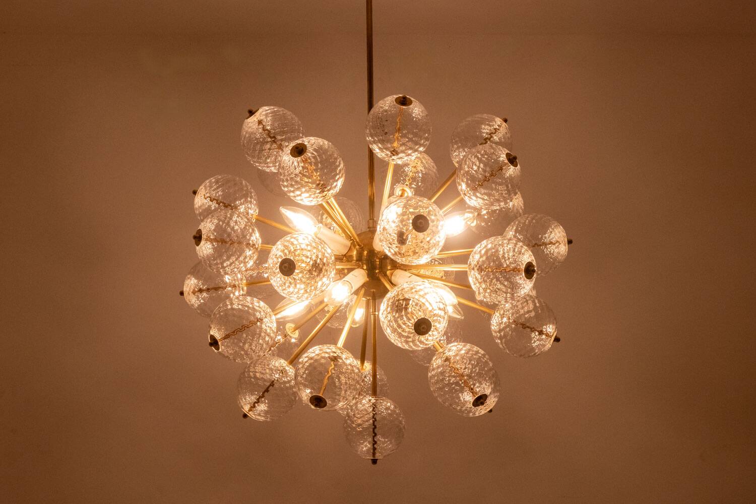 Kamenický Šenov, published by. Brass and glass chandelier. Around 1970.