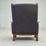 1970s, highback Danish armchair with footstool, furniture wool fabric, oak.