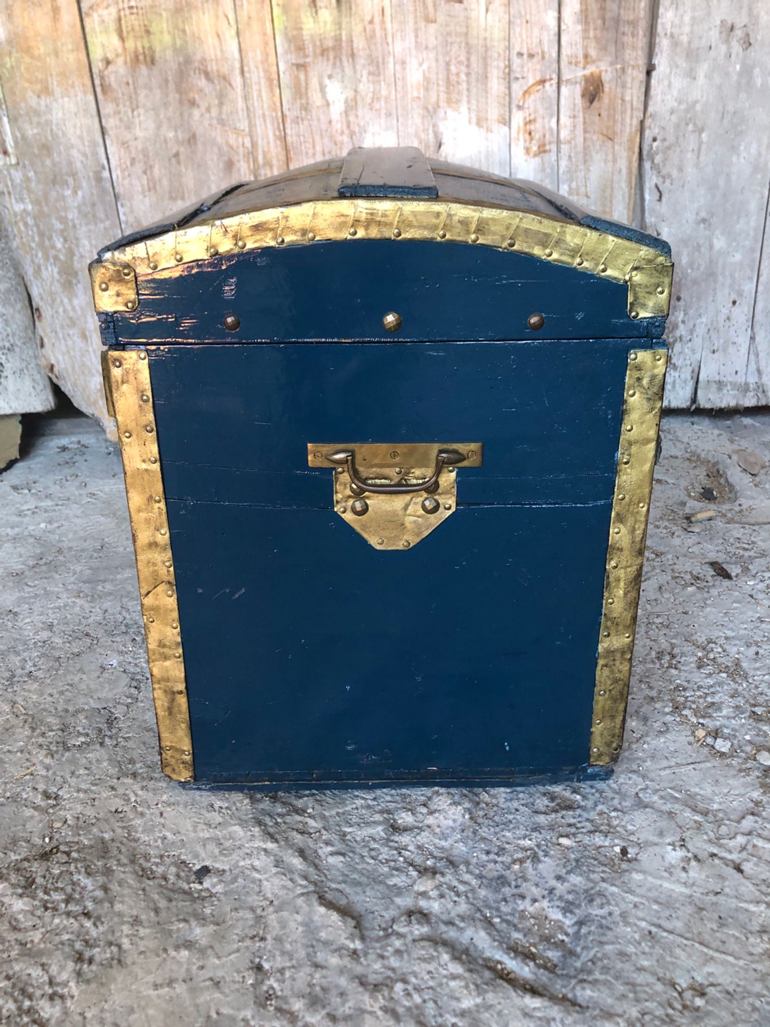 Old vintage blue & gold wood storage chest #a127