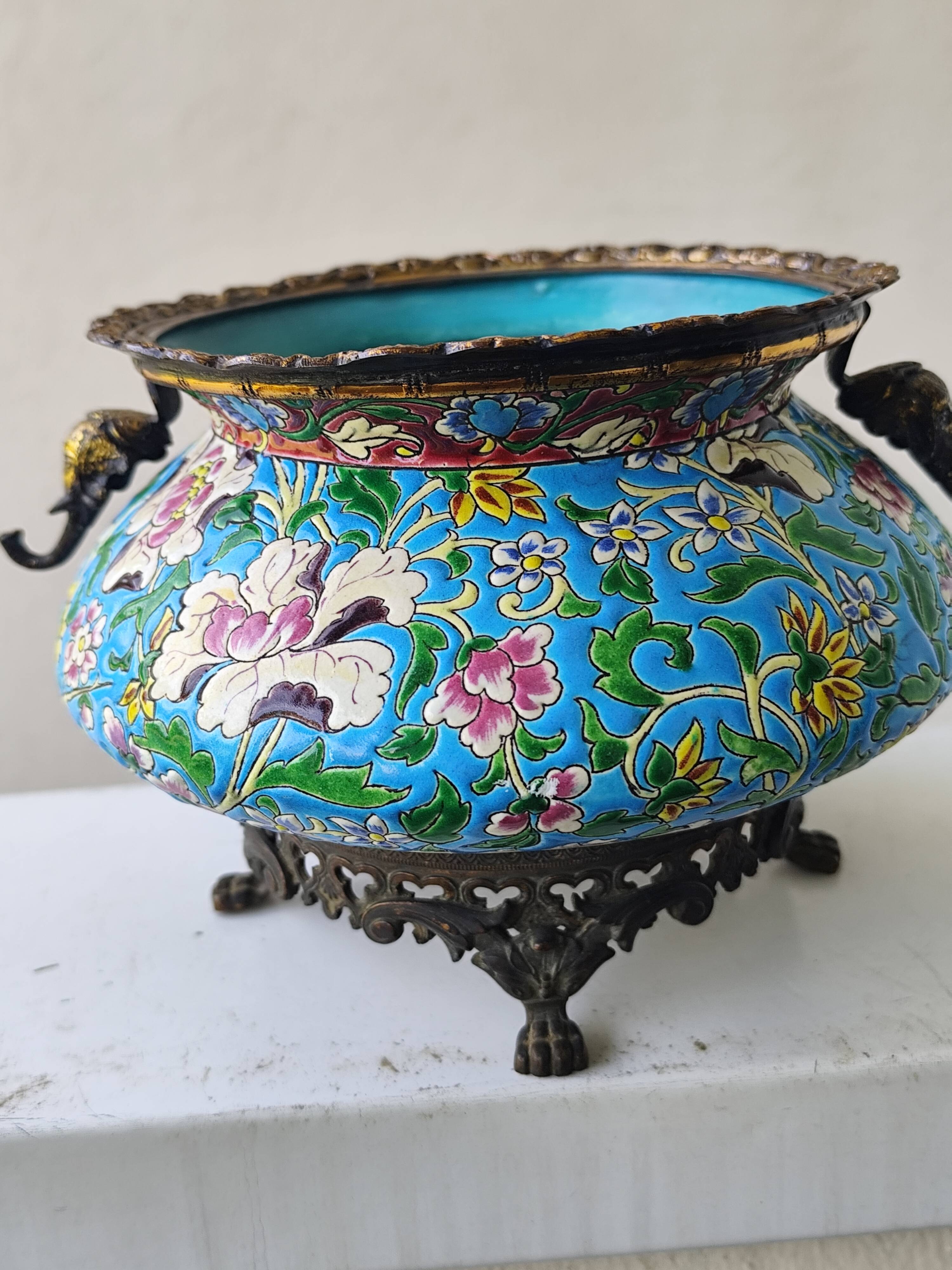 Antique jardinière ceramic enamel Longwy with bronze mount elephant head