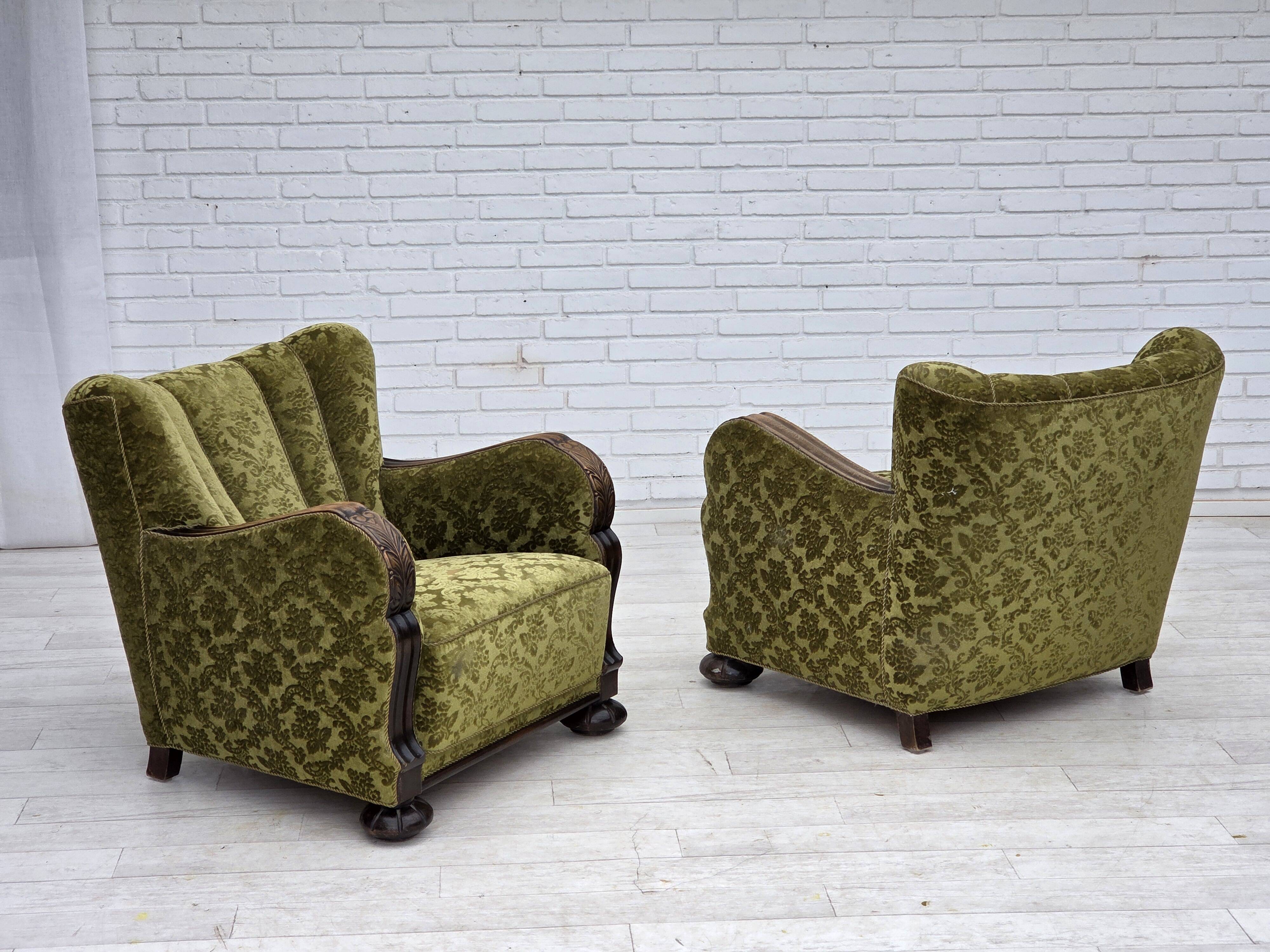 1950s, Danish relax chair, furniture velour, oak wood.