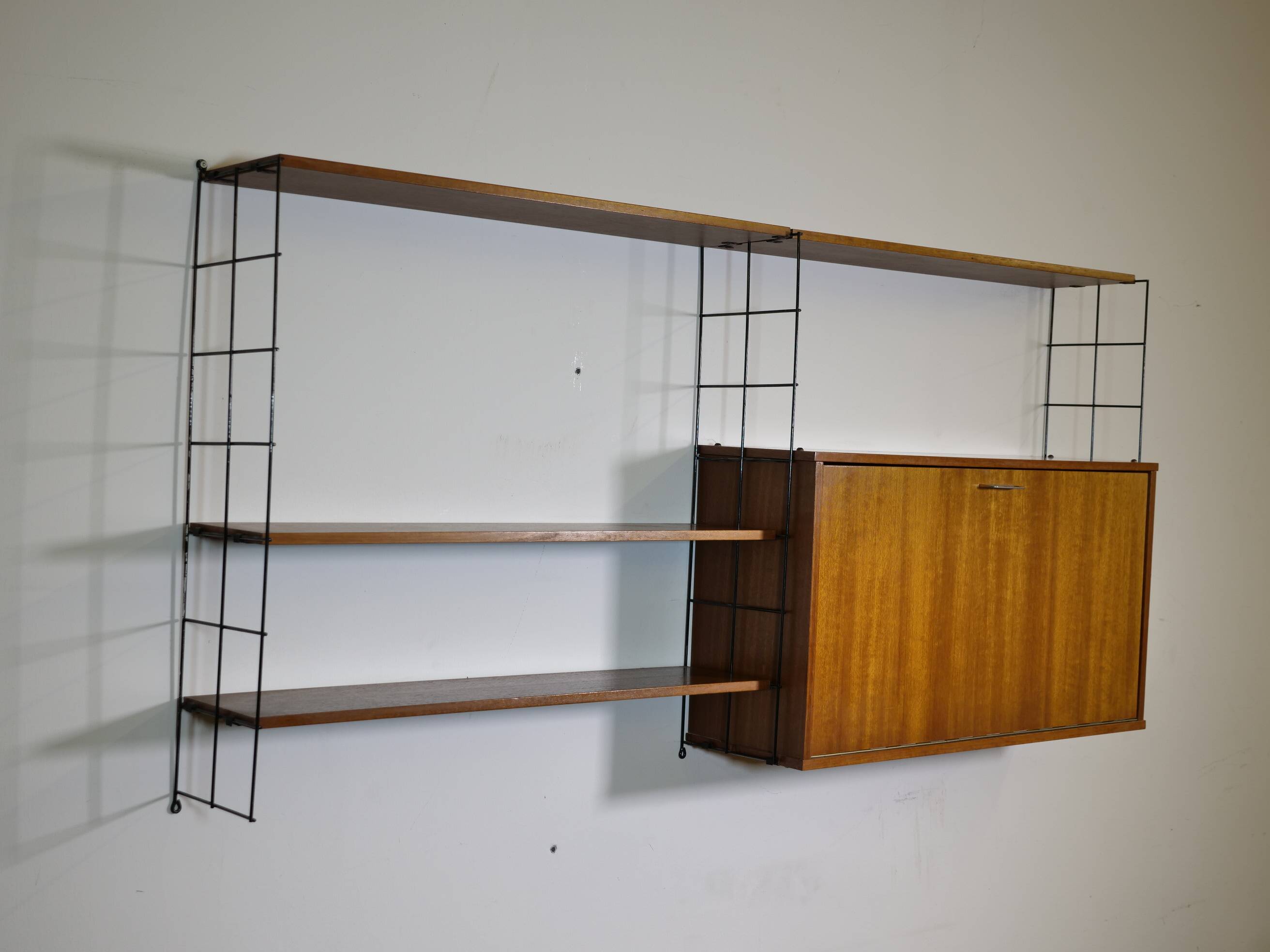 Mid Century String Shelving Unit in Teak with Secretary Cabinet, 1960s