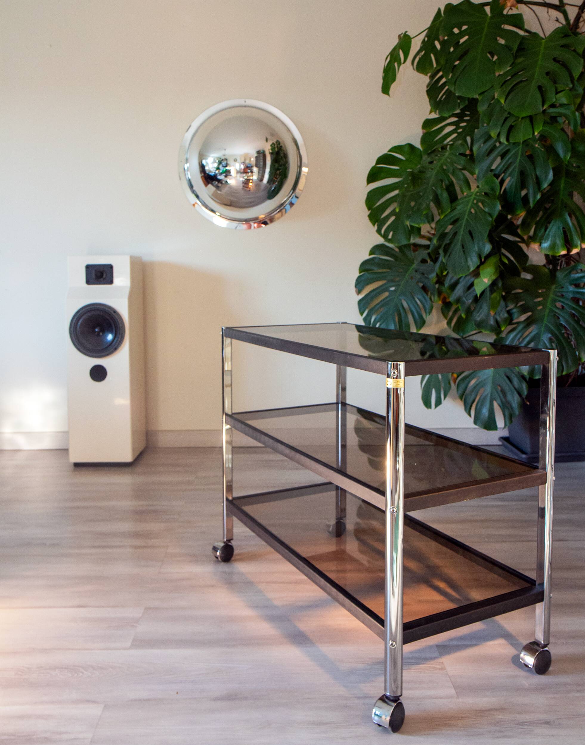 ERARD console (France), black metal and smoked glass side table, 1980.