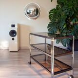 ERARD console (France), black metal and smoked glass side table, 1980.