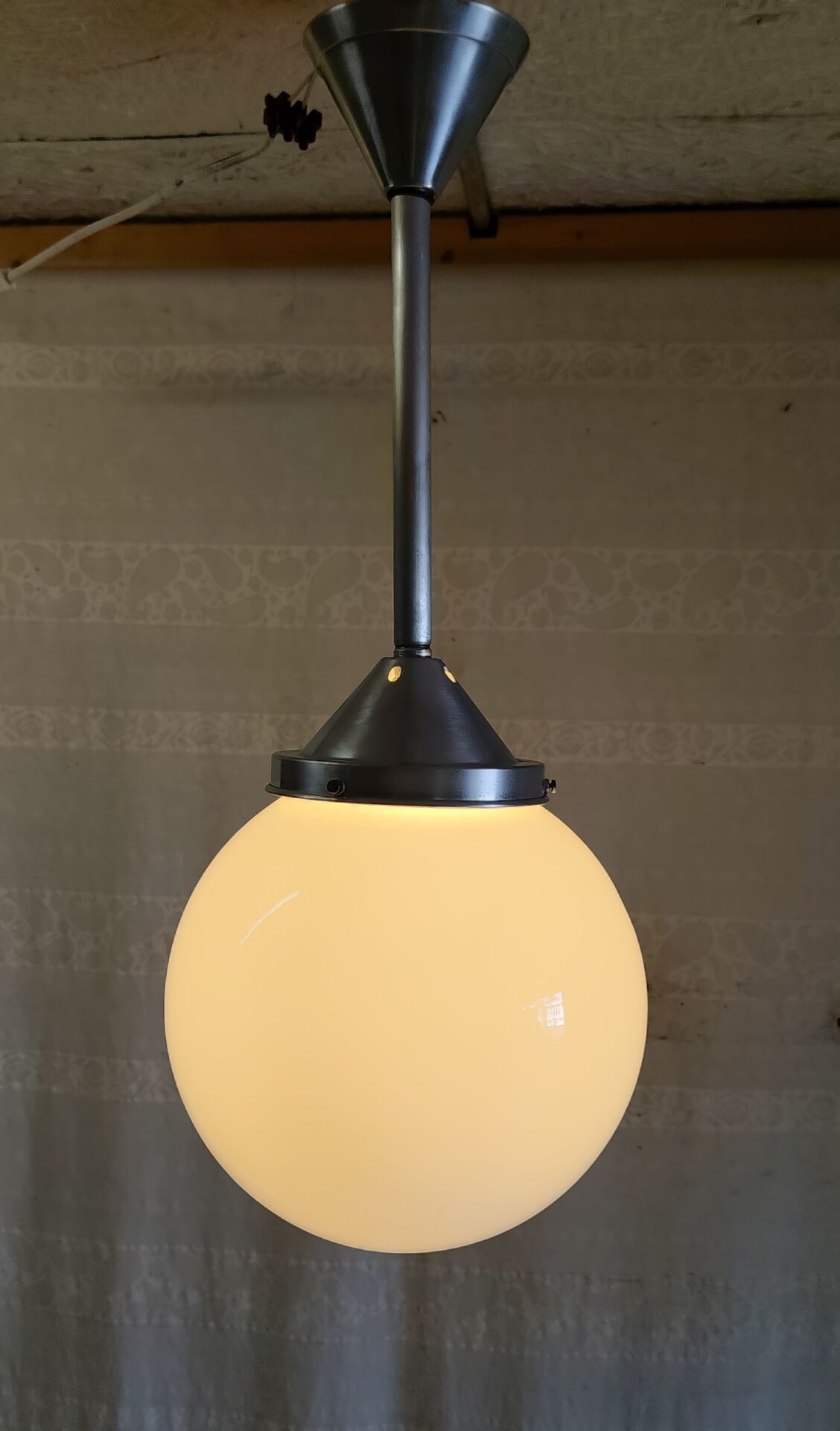 Art Deco aluminium suspension with XL opaline globe - mid 20th century.