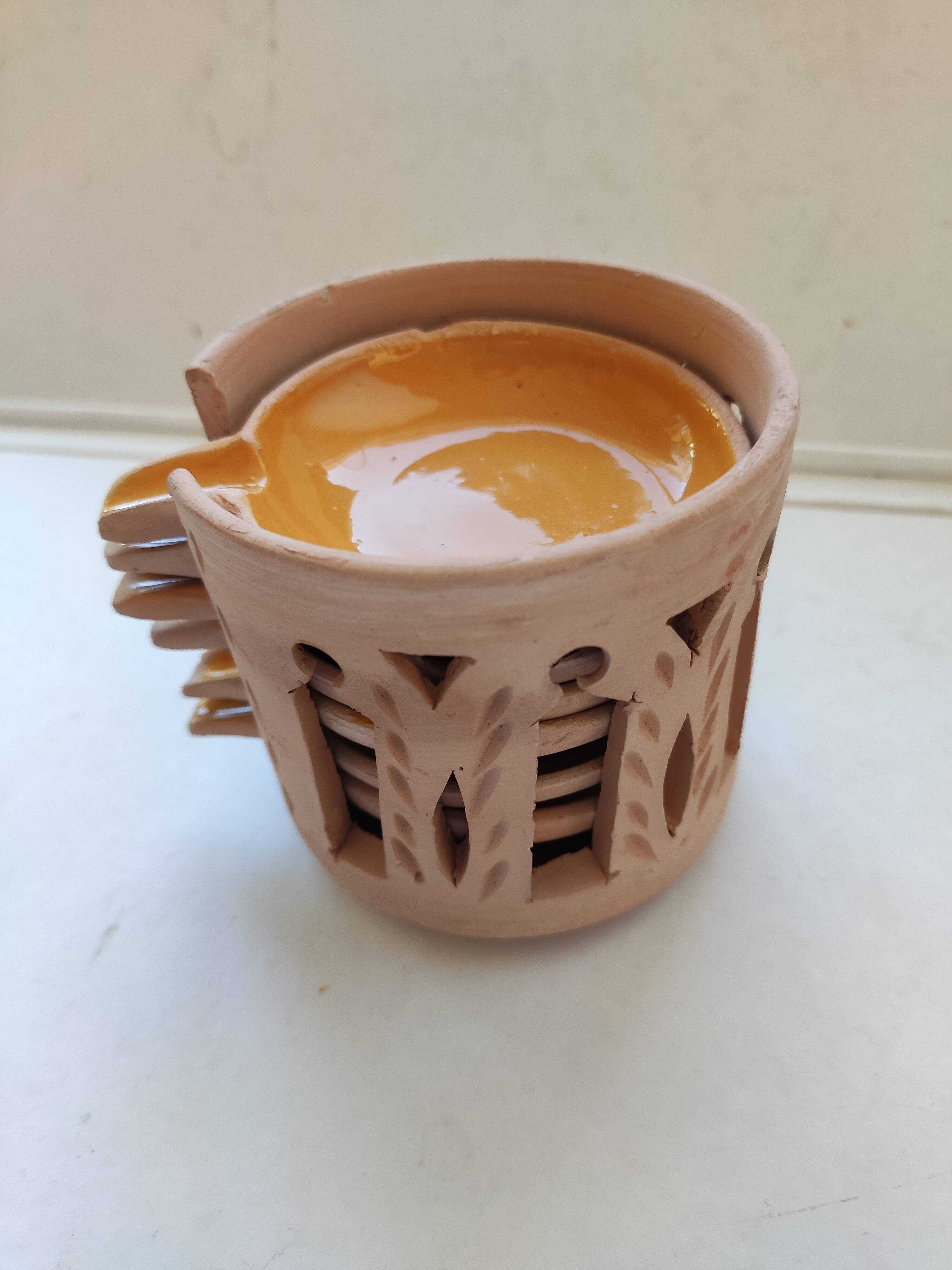 Set of 6 individual table ashtrays in ethnic yellow orange enamelled earthenware