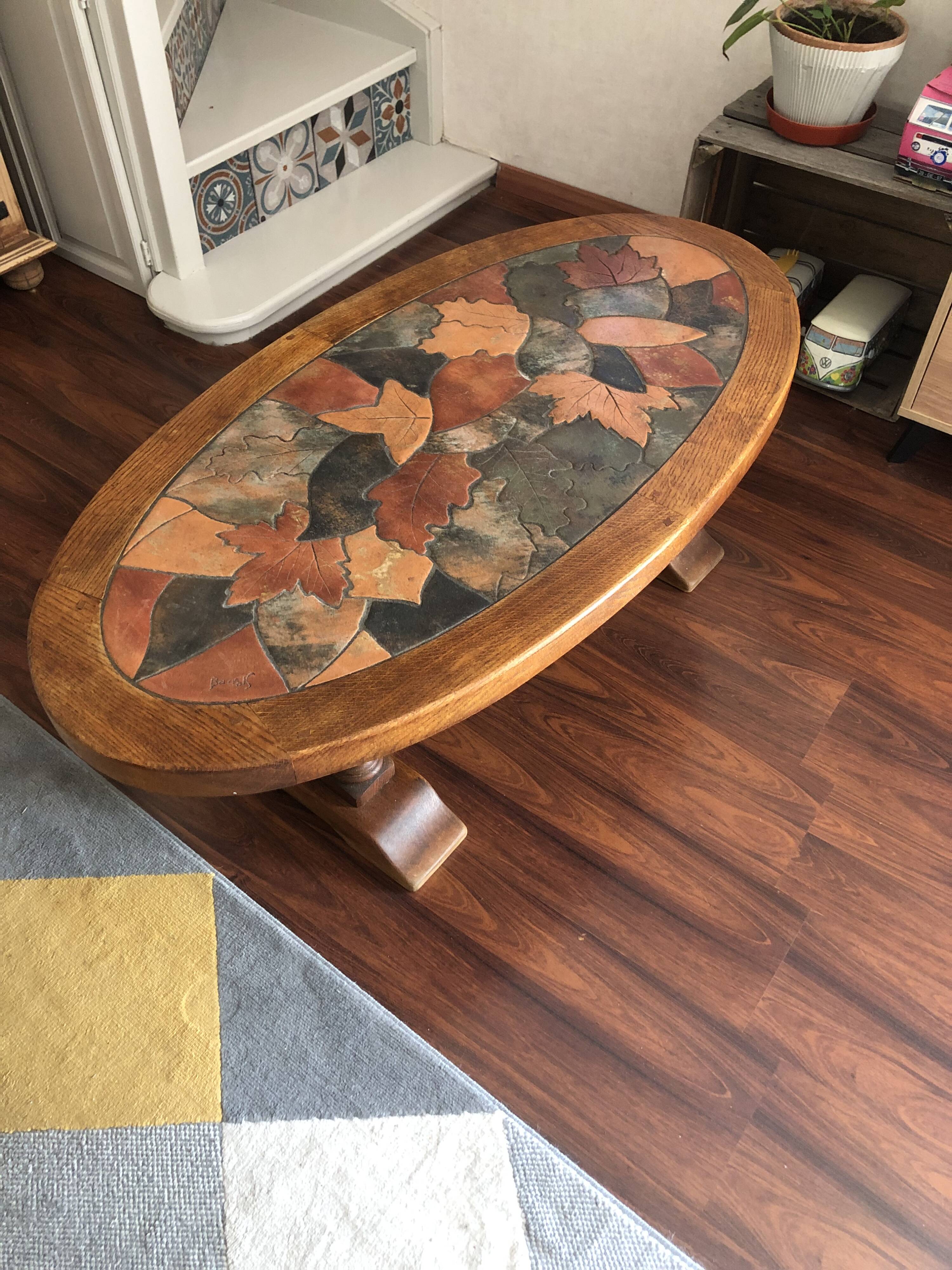 Coffee table in wood and ceramic Valauris signed by Louis Barrois.