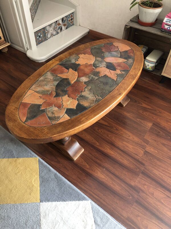 Table basse en bois et céramique Vallauris signée Louis Barrois