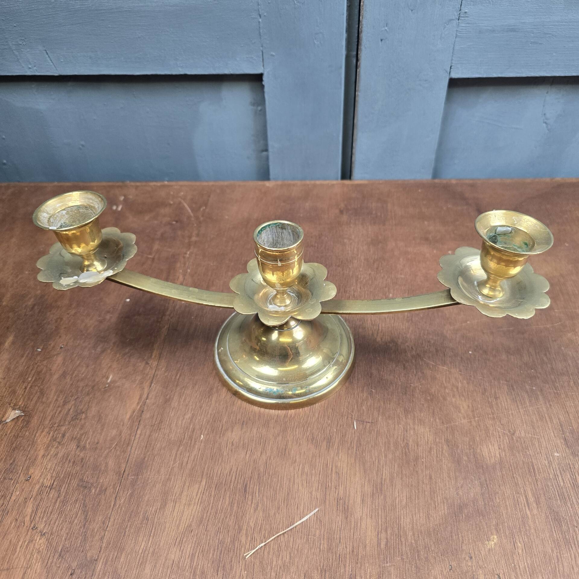 Vintage brass candle holder with 3 lights, flower drip trays, ideal for a centrepiece.
