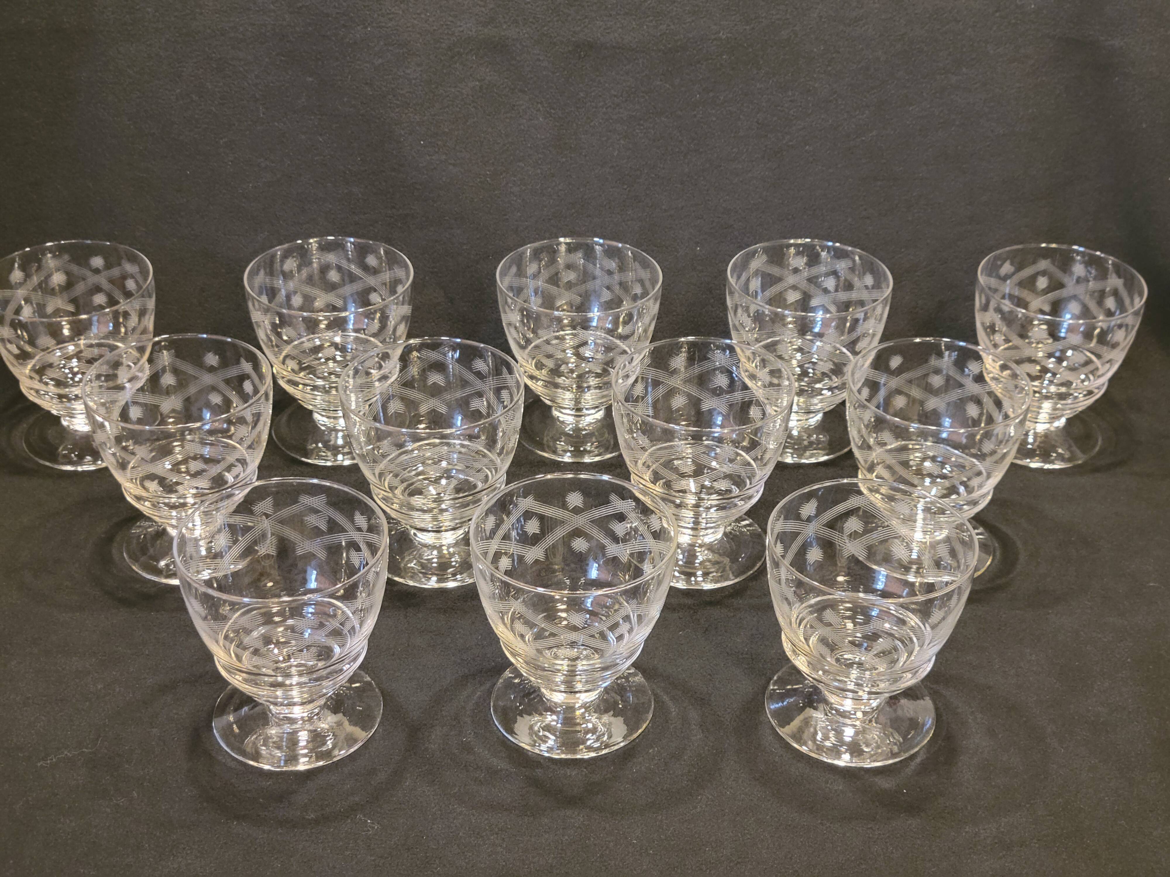 10 old port wine glasses in engraved art deco chiseled crystal