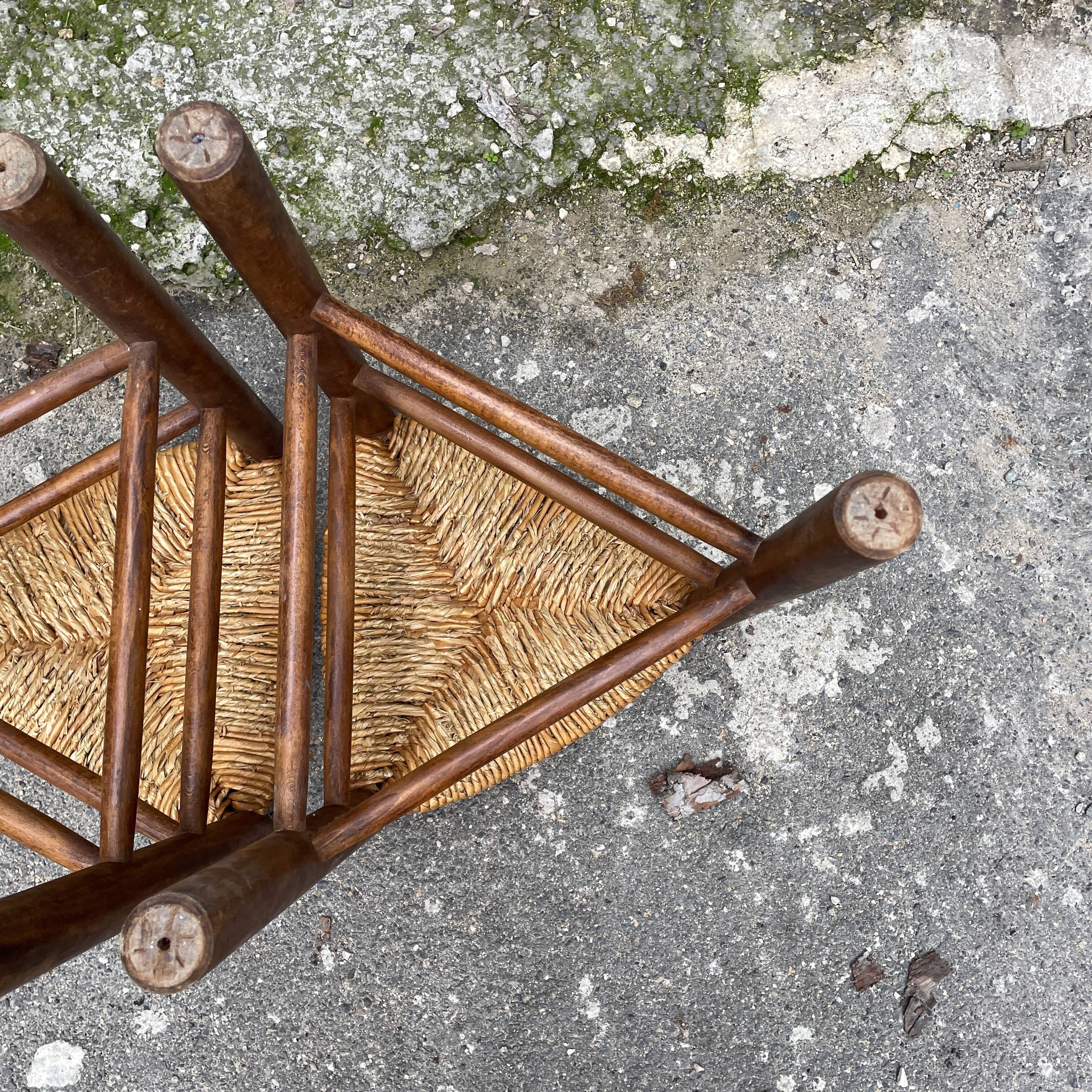 Pair tripod stool vintage design wood and straw