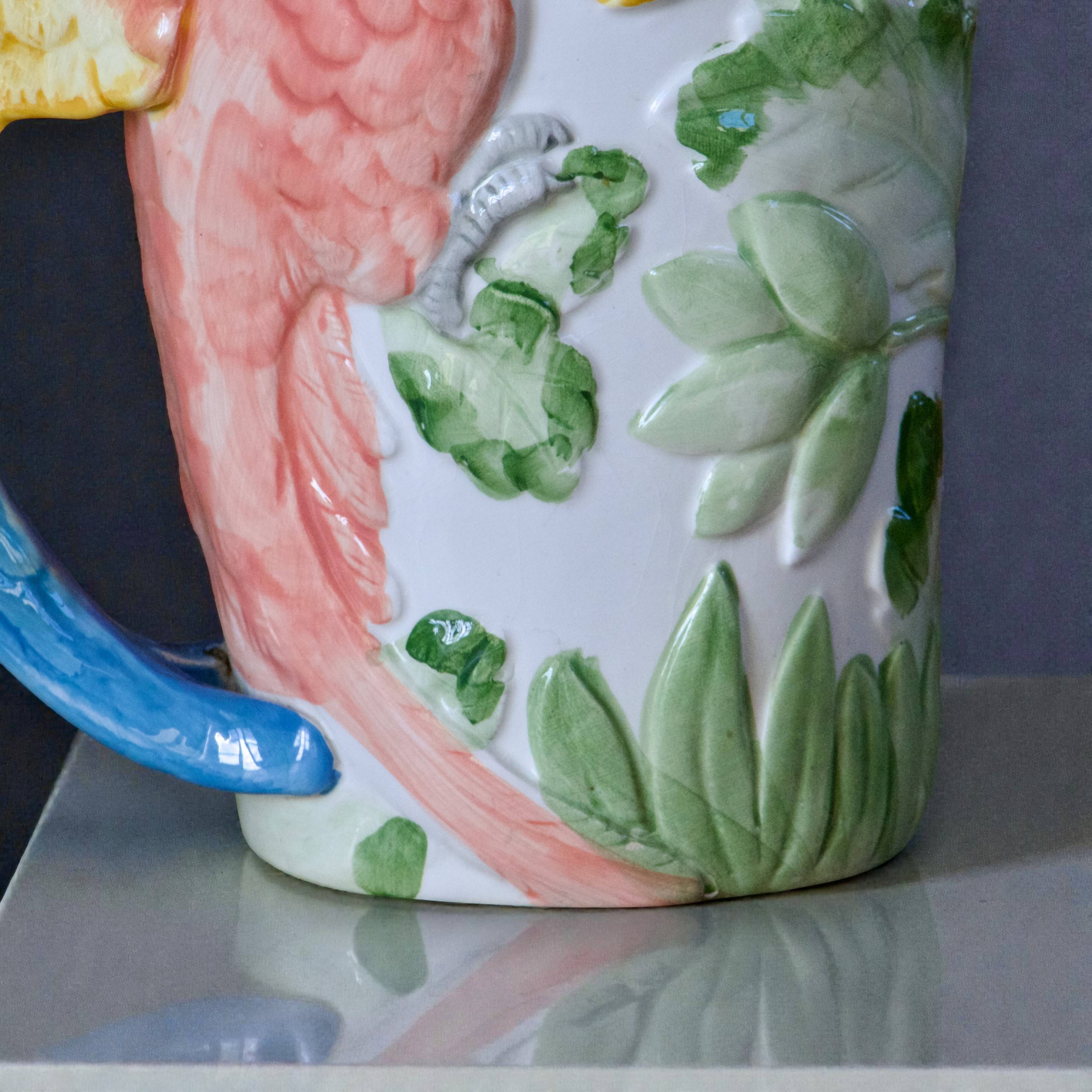 Vintage carafe in animal-shaped barbotine, parrot Ara.