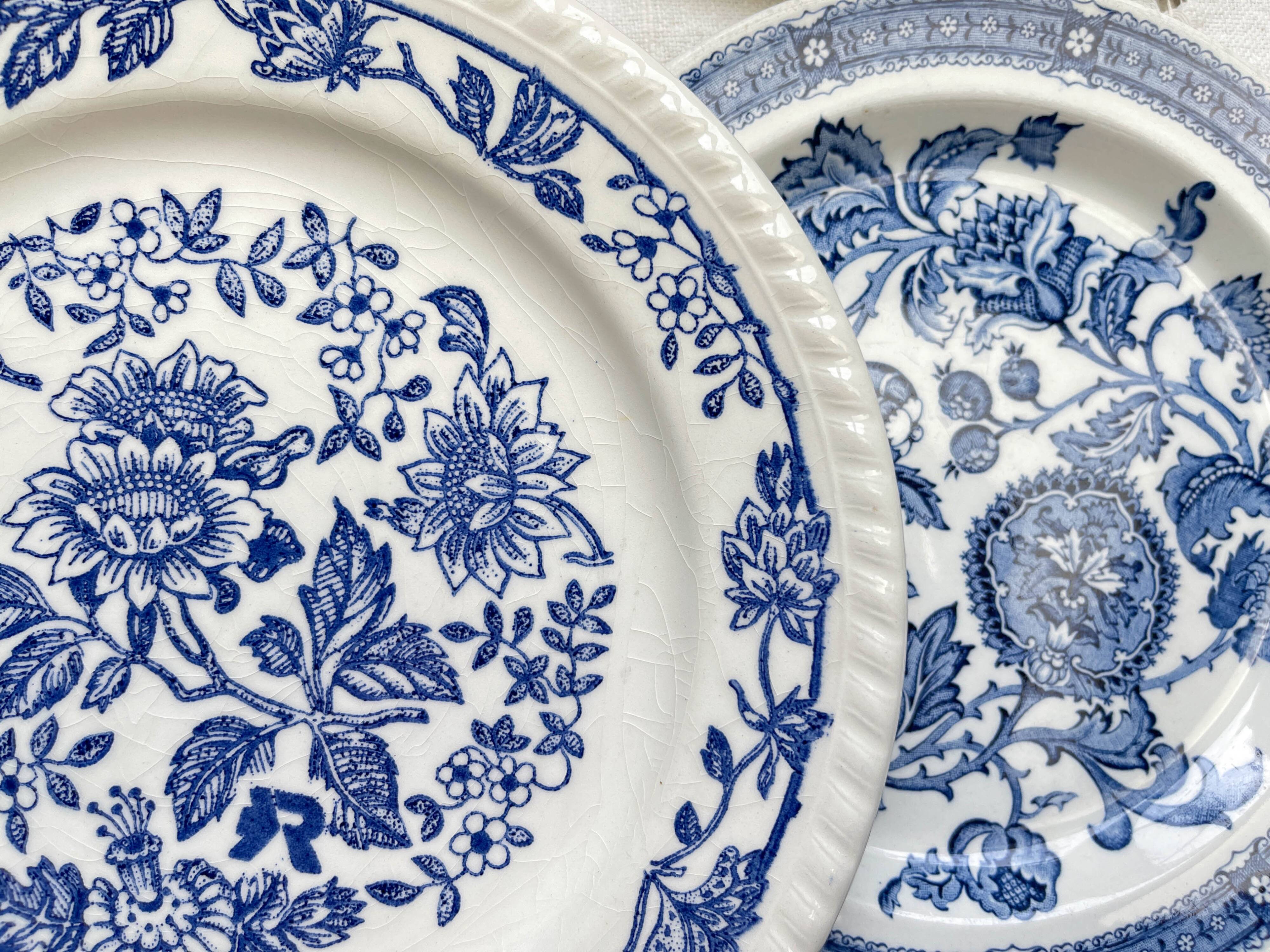 6 Vintage White Porcelain Plates with Gold Trim + 6 Small Mismatched Blue Jacobean Plates