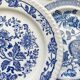 6 Vintage White Porcelain Plates with Gold Trim + 6 Small Mismatched Blue Jacobean Plates
