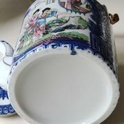 Japanese fine porcelain teapot, Geisha/cherry blossom patterns, Bamboo imitation handle