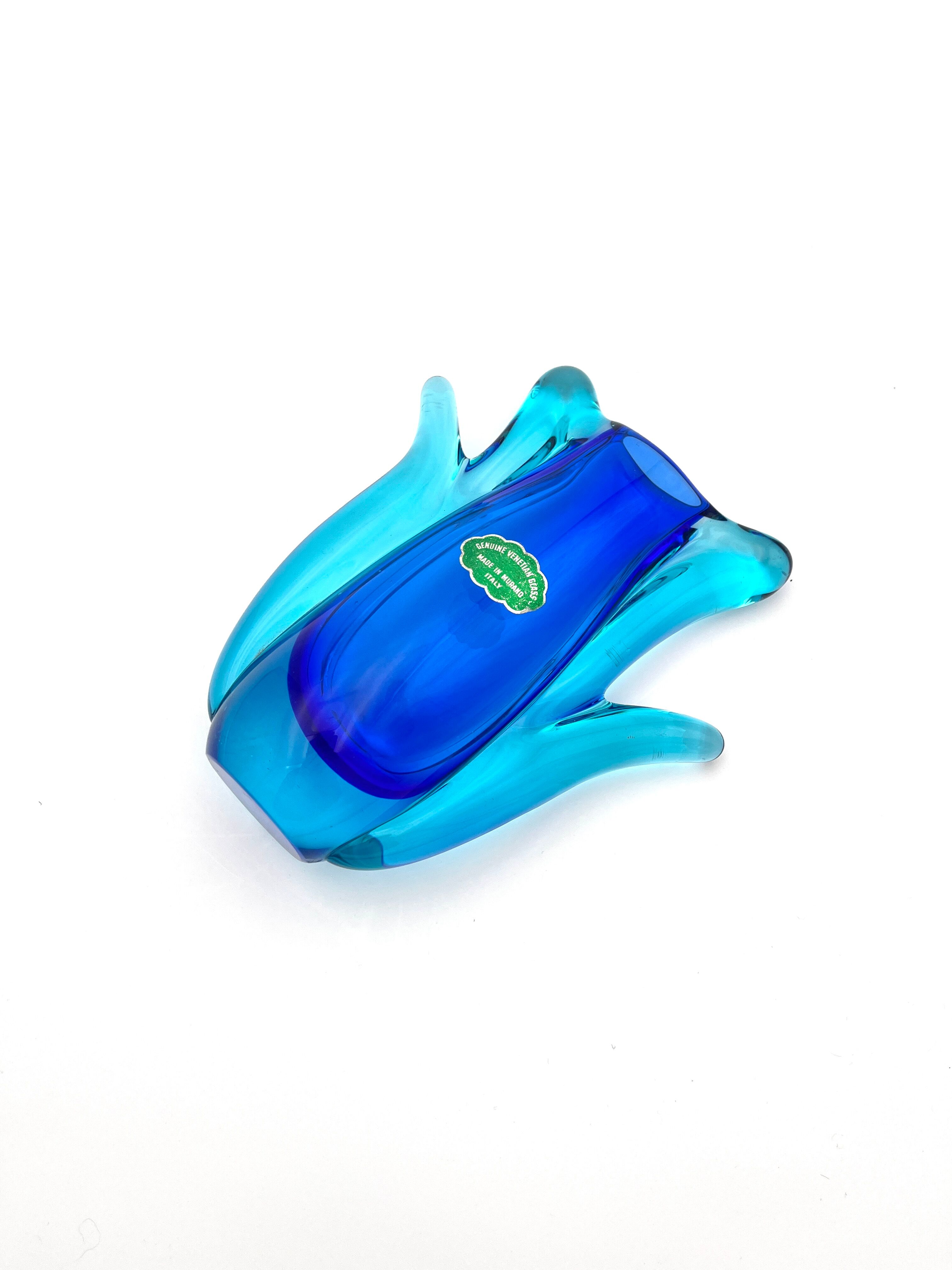 Vase Murano - Sommerso -Tulipe Organique - Bleu Cobalt et Lagon - 1960
