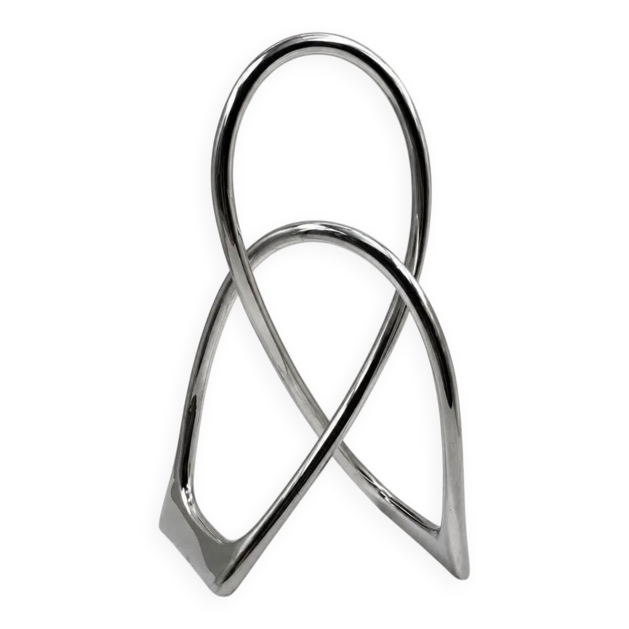 Chromed sculptural art object, abstract modernist shape in metal, contemporary design accent, brutalist interior decoration.