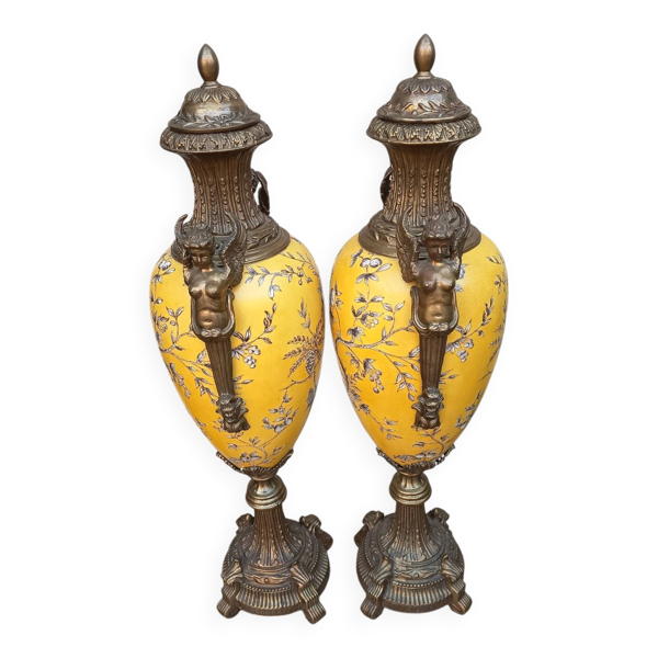 Paire de grands vases couverts - 60cm - faïence jaune