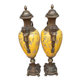 Pair of large covered vases - 60cm - yellow earthenware