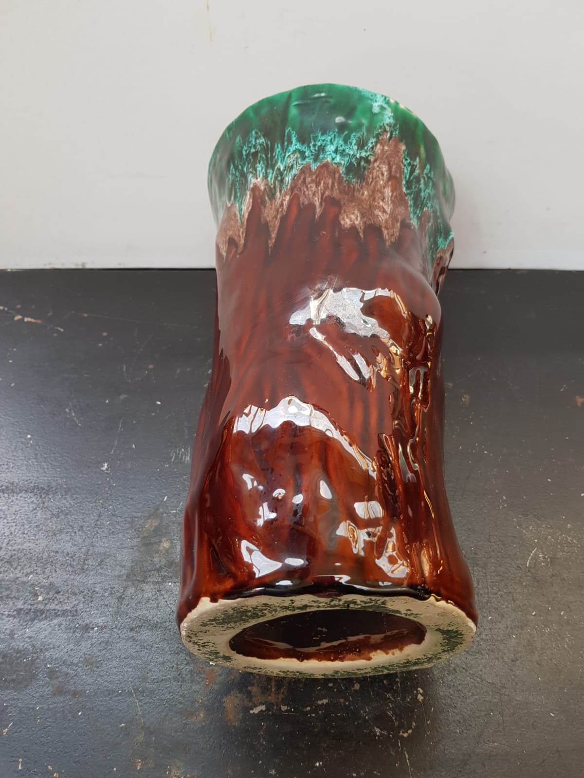 Old Ceramic Vase Form Trunk Brown Green Drips Vintage