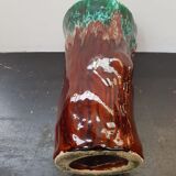 Vase céramique forme tronc marron coulures vertes vintage