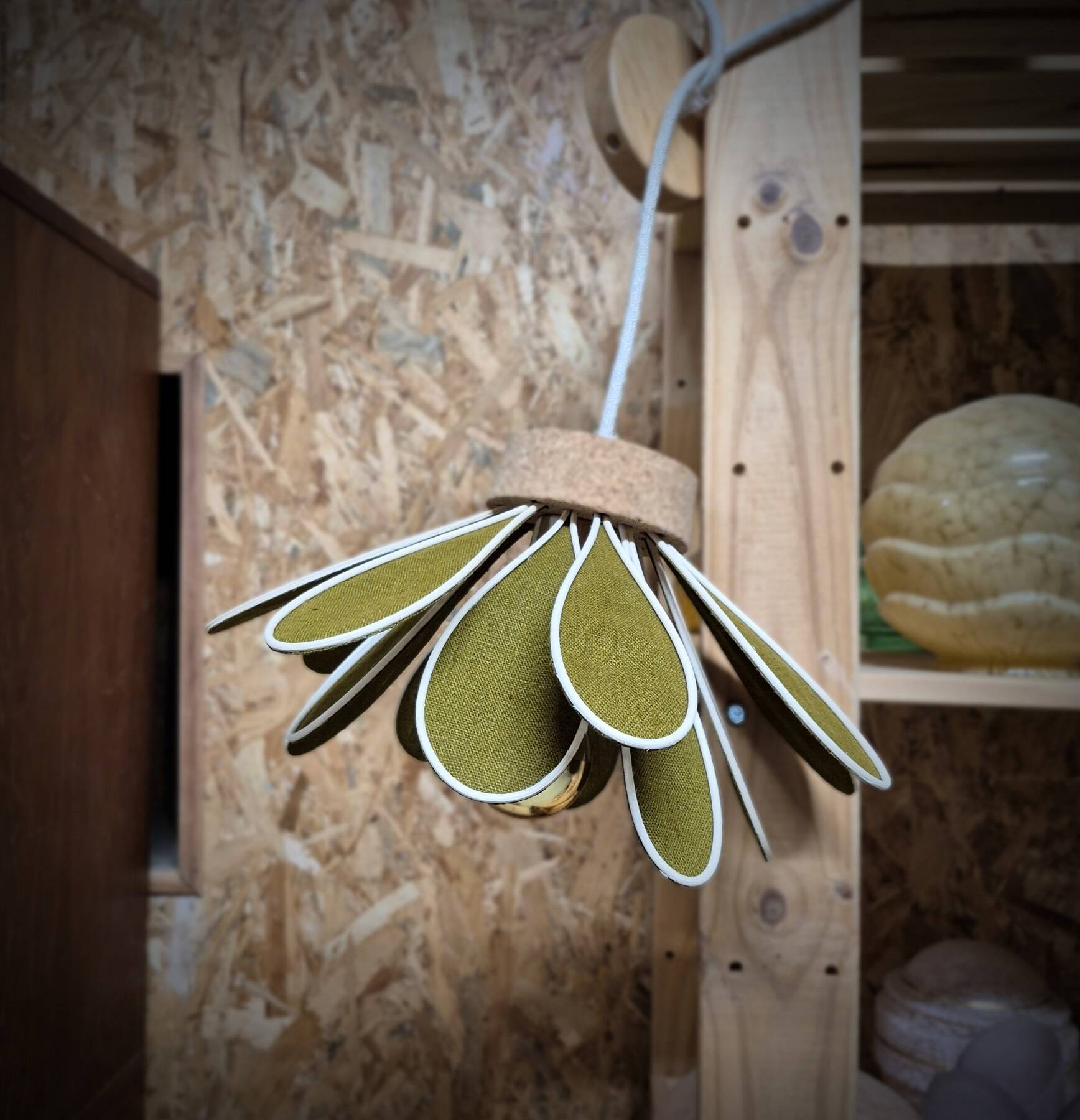 Iris flower pendant, 16 petals in olive green rattan and linen.