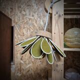 Iris flower pendant, 16 petals in olive green rattan and linen.