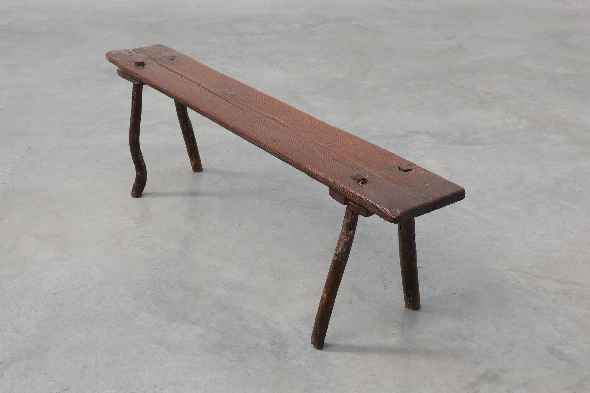 French Primitive Wooden Bench with Splayed Legs, 19th Century