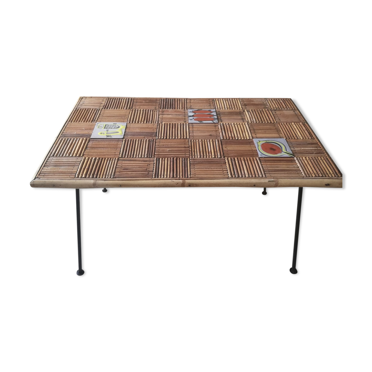 Table basse rotin et céramique années 50