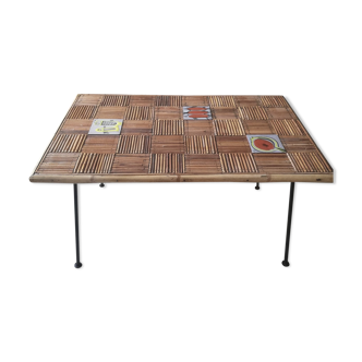 Rattan coffee table and 1950s ceramics