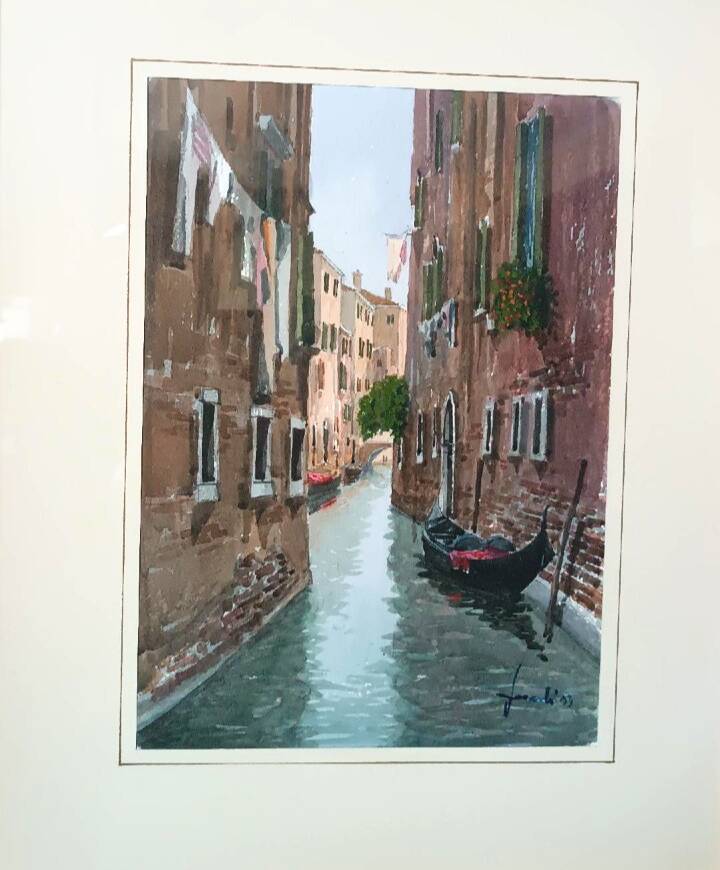 Watercolor depicting a glimpse of a canal in Venice or Chioggia signed