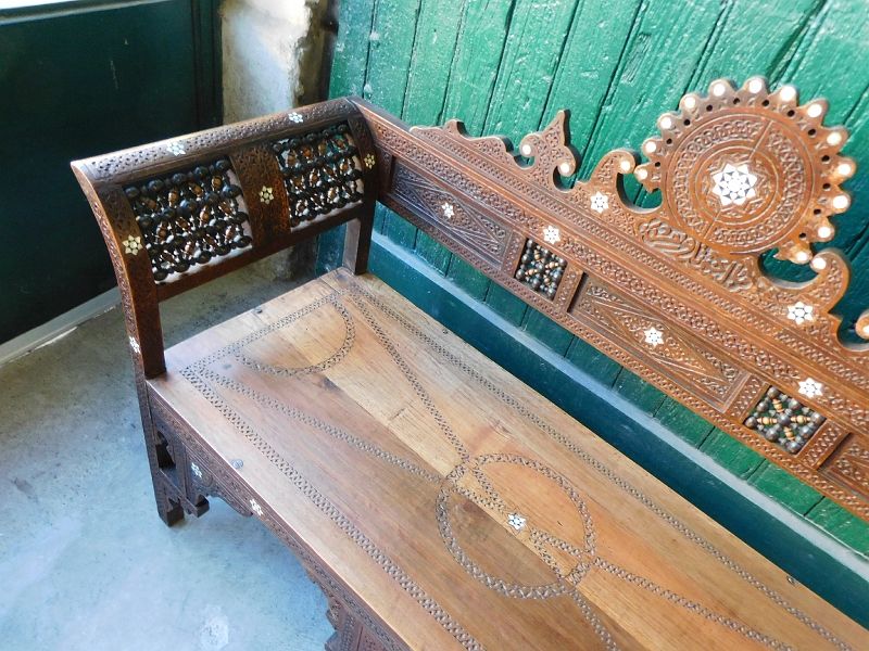 Old syrian wooden bench and mother-of-pearl inlay