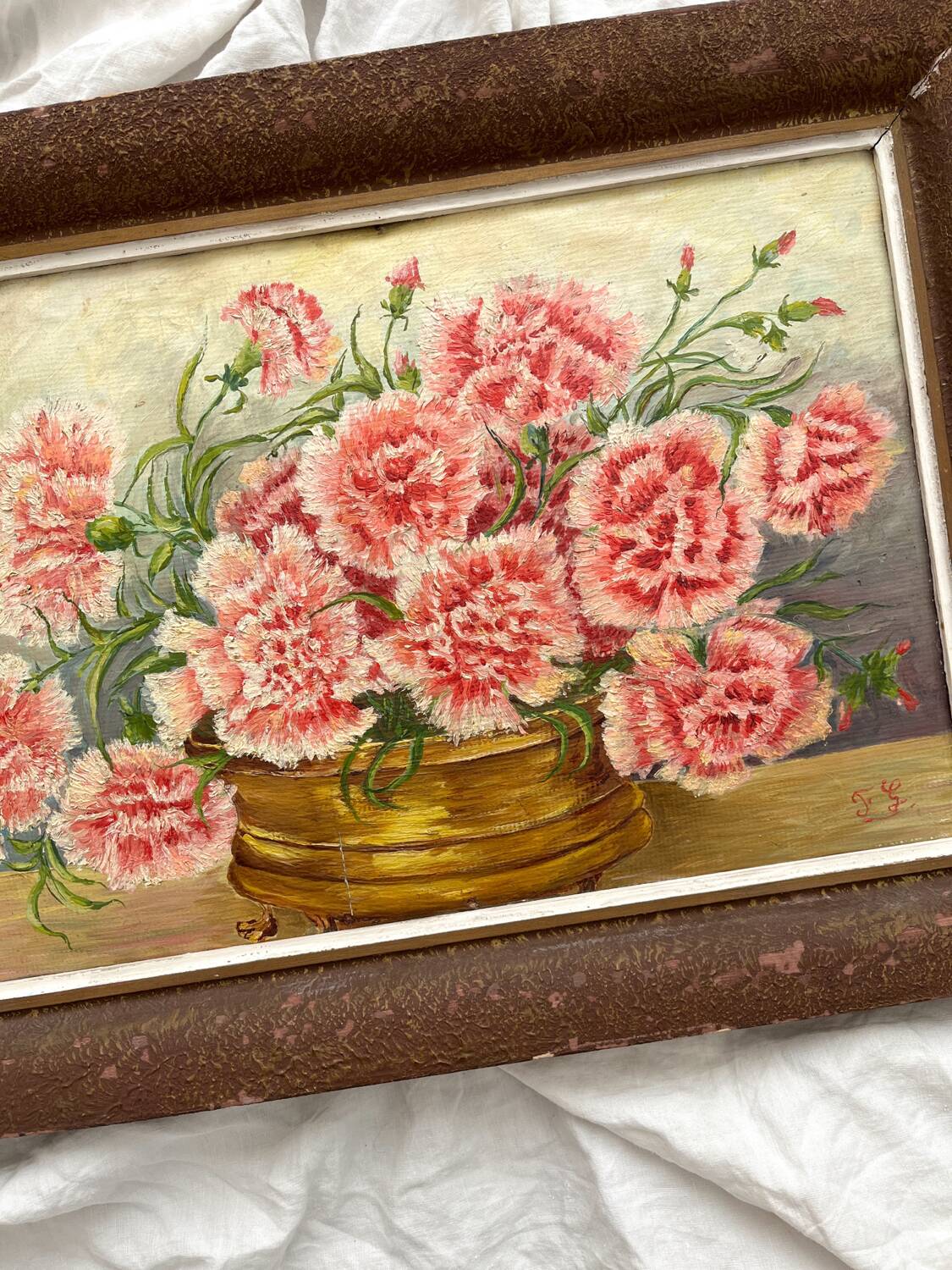 Antique oil painting on cardboard, bouquet of carnations, signed and dated 1899