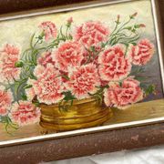 Antique oil painting on cardboard, bouquet of carnations, signed and dated 1899