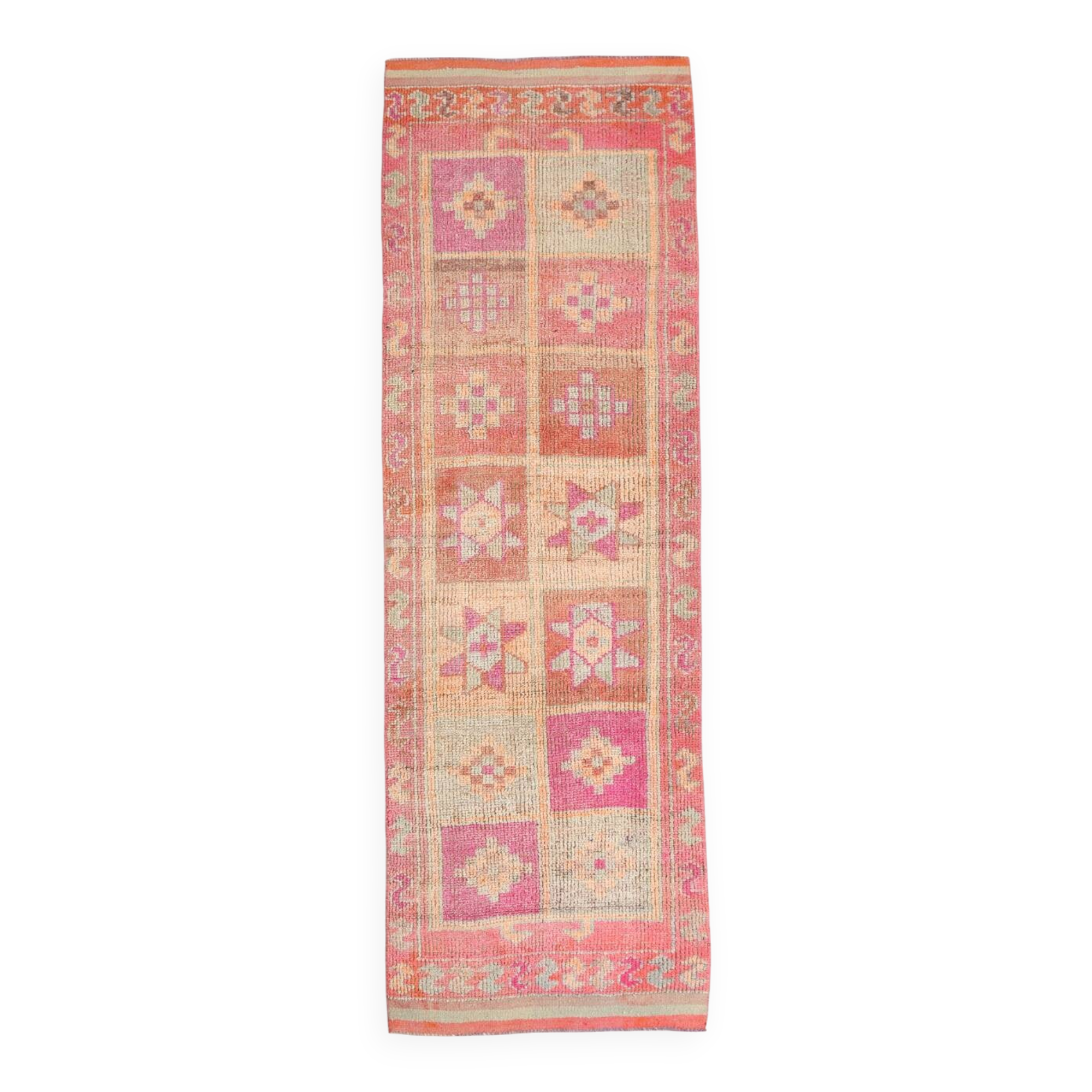 Pink & Orange Vintage Turkish Runner Rug, 103x326Cm