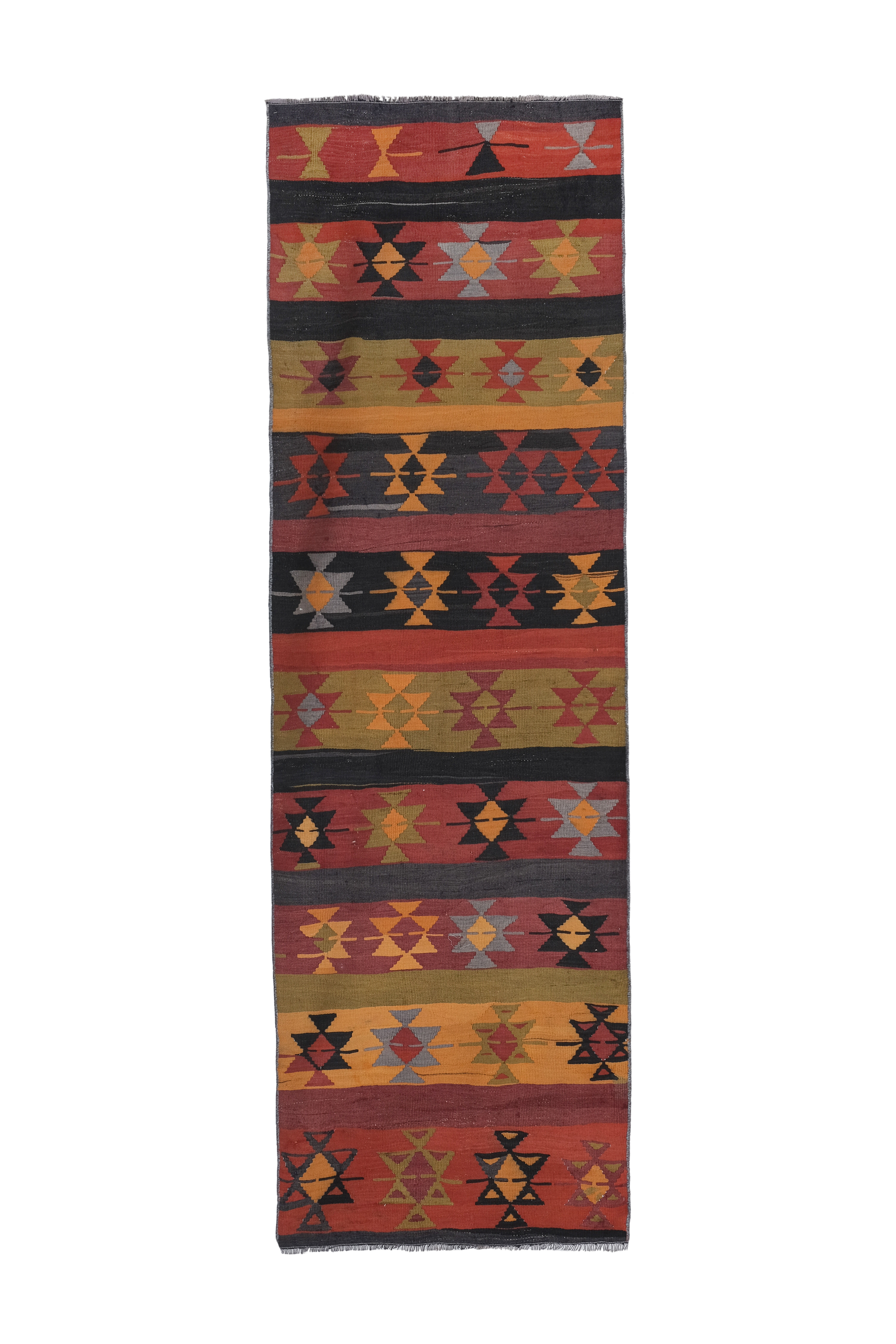 Vintage Organic Turkish Yellow and Red Kilim Rug Runner 3' x 9'5''