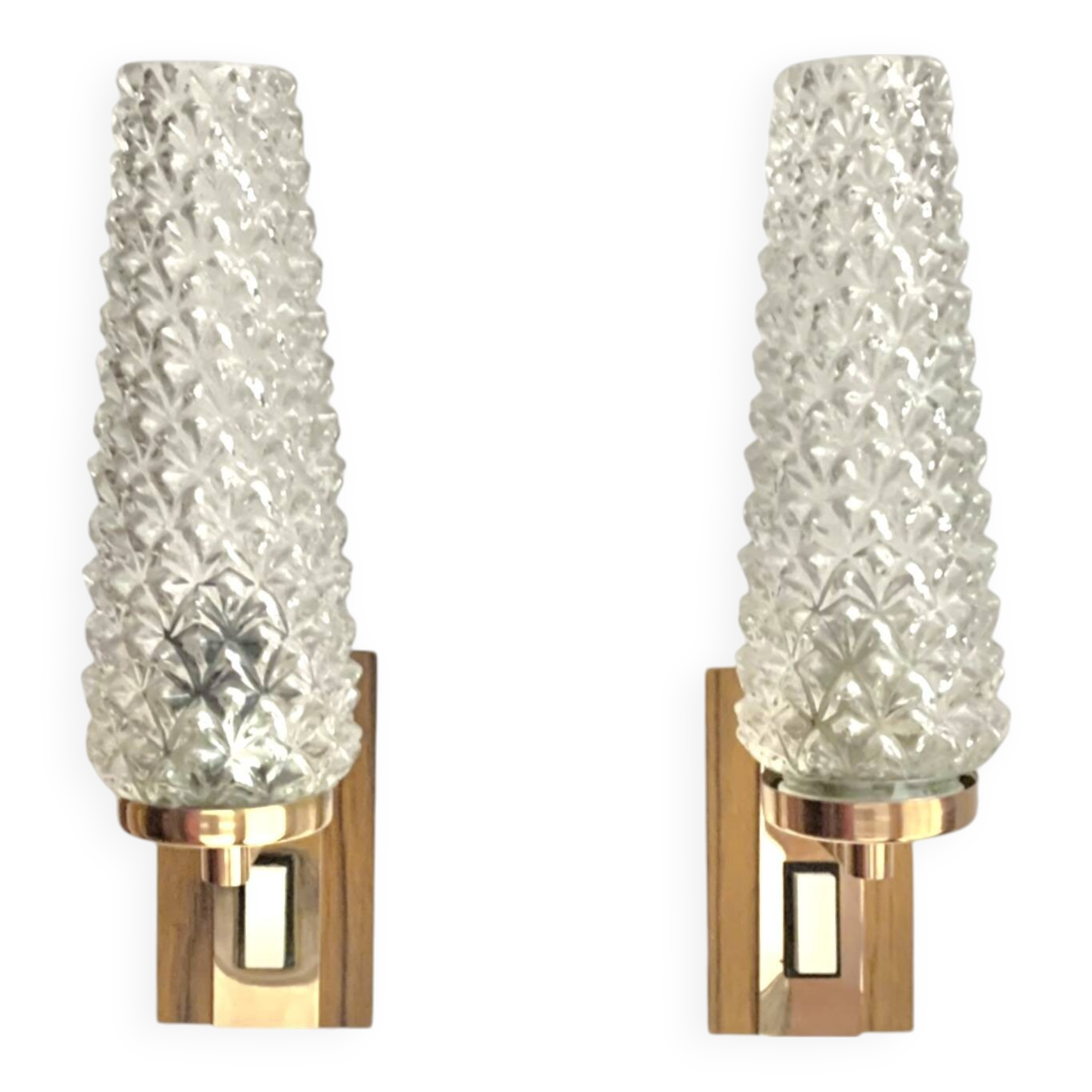 Pair of vintage wall sconces in molded glass and gilded brass