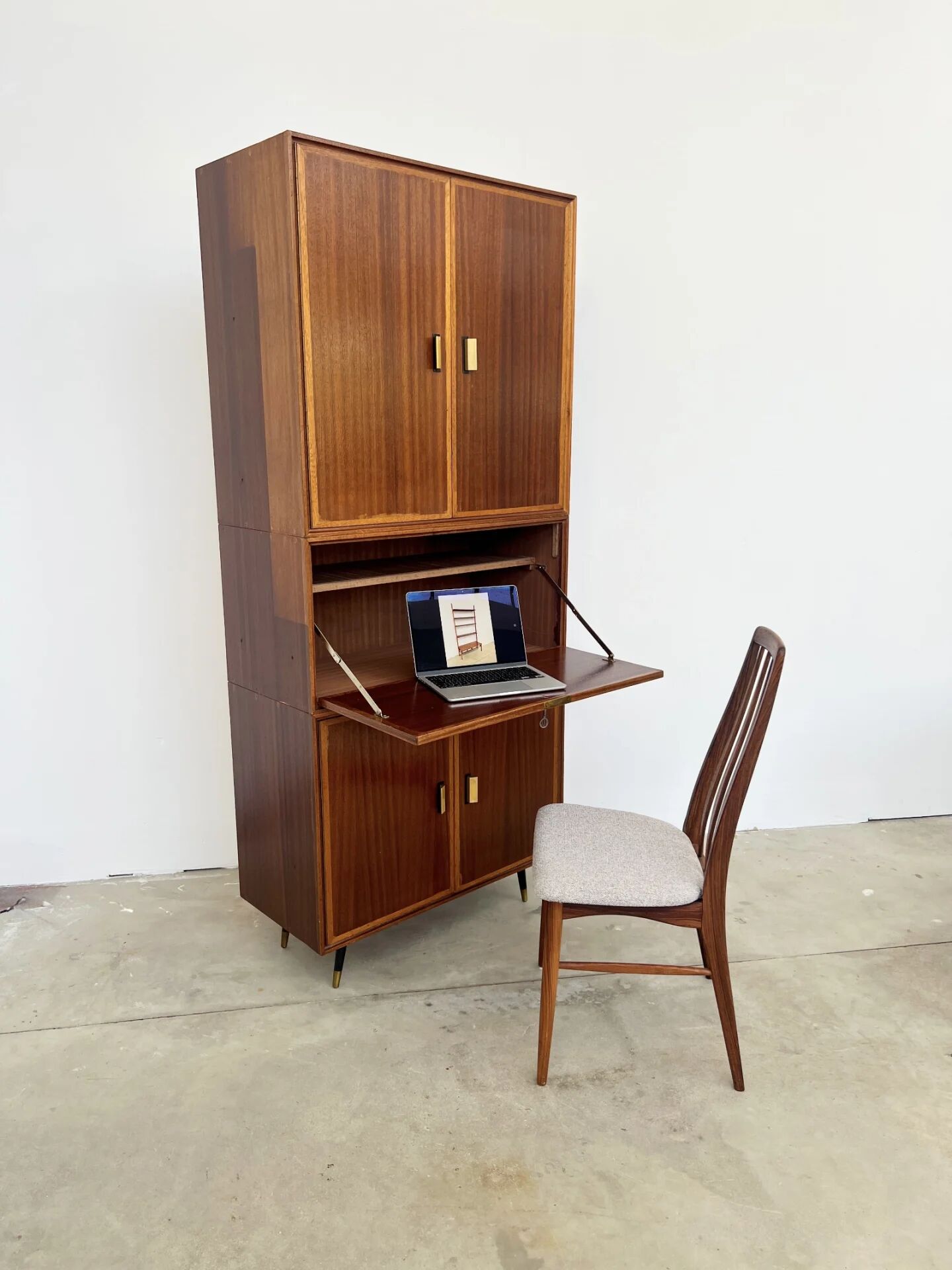 High mahogany cabinet with drop-down front — bar or secretary, custom-made, 1960s