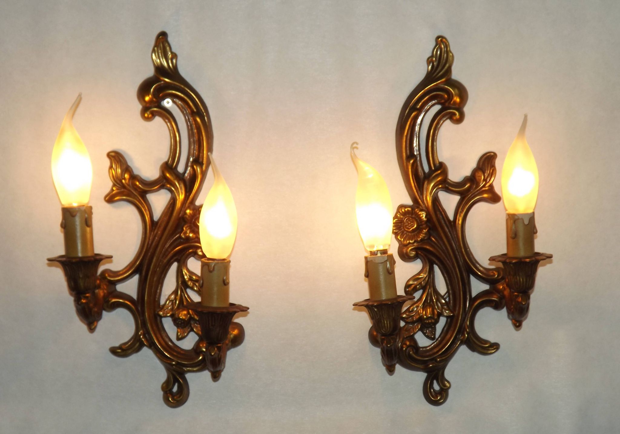 Pair Vintage French Bronze Double Wall Lights Acanthus Leaf & Flower Detail