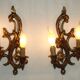 Pair Vintage French Bronze Double Wall Lights Acanthus Leaf & Flower Detail
