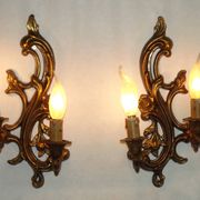 Pair Vintage French Bronze Double Wall Lights Acanthus Leaf & Flower Detail