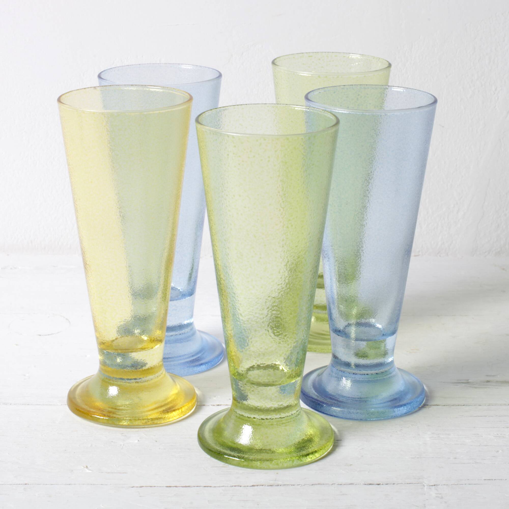 Set of 5 Colorful Yellow, Green and Blue Water Tumblers / Turkey / 2000s