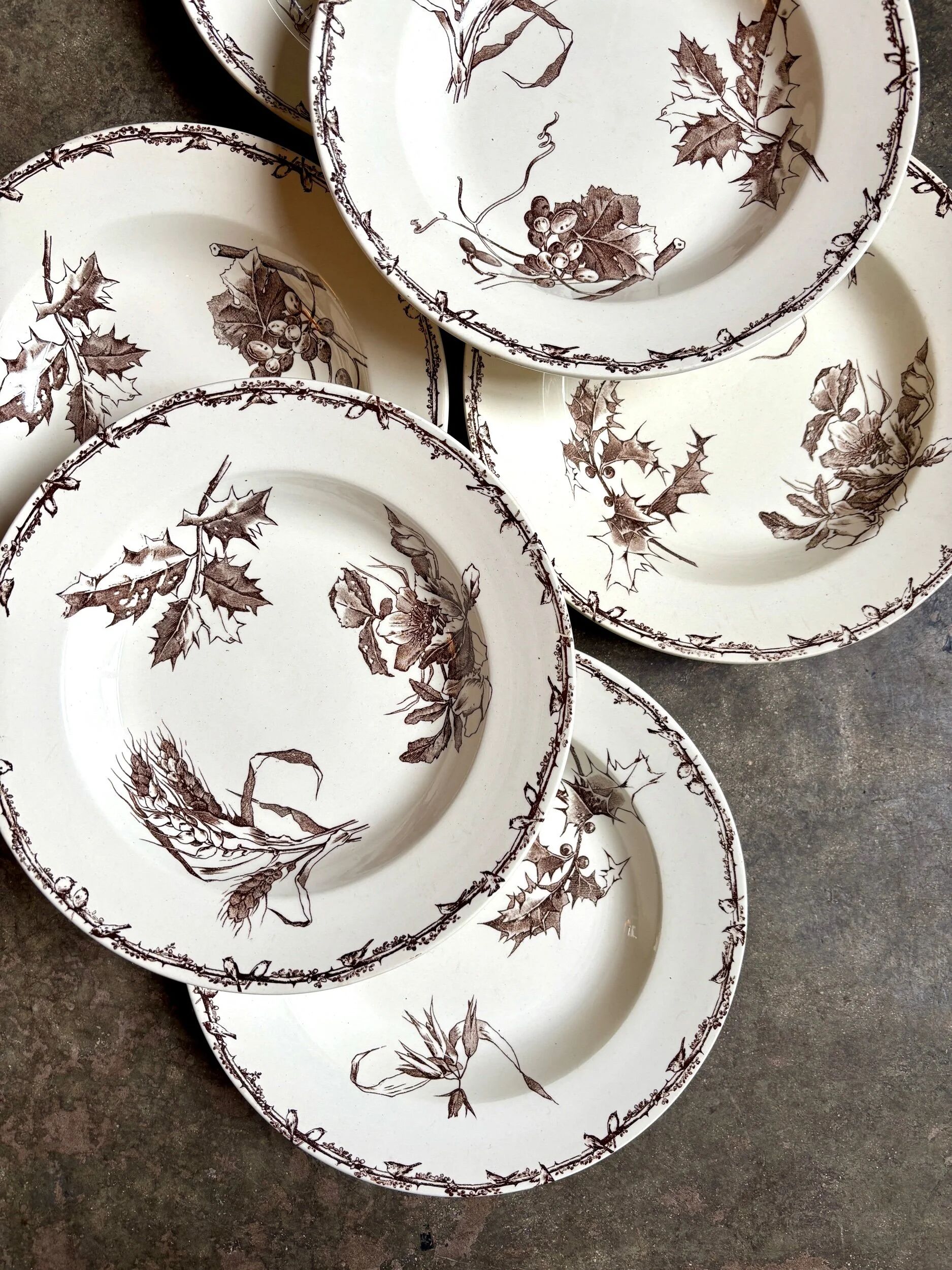 6 HB & Cie brown ironstone soup plates