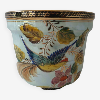 Magnifique Cache Pot Décors Oiseau Peint Contour Relief Granuleux Dorure Bequet