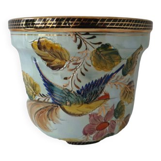 Magnifique Cache Pot Décors Oiseau Peint Contour Relief Granuleux Dorure Bequet