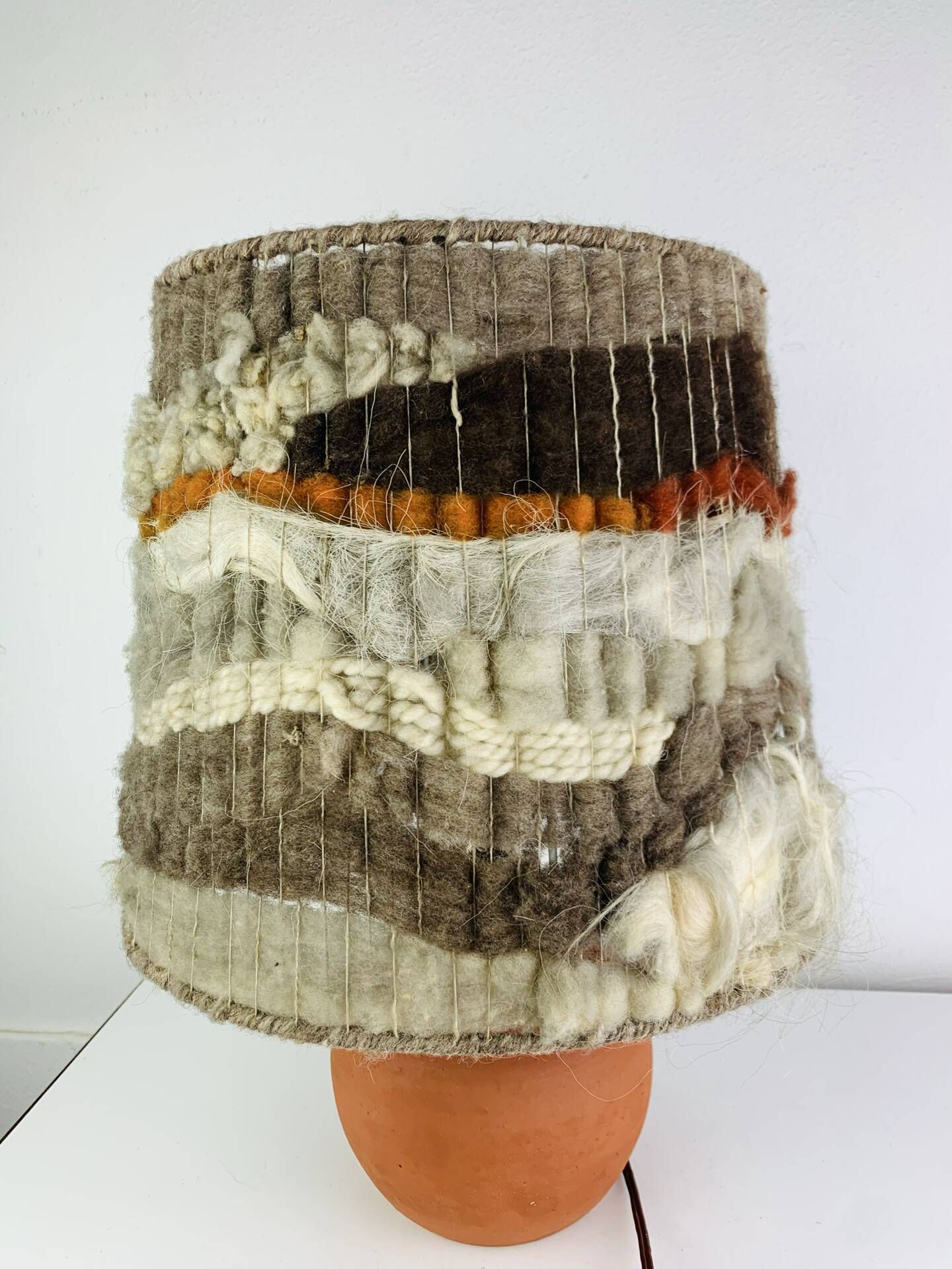 Terracotta globe lamp with a wool shade from the 1960s.